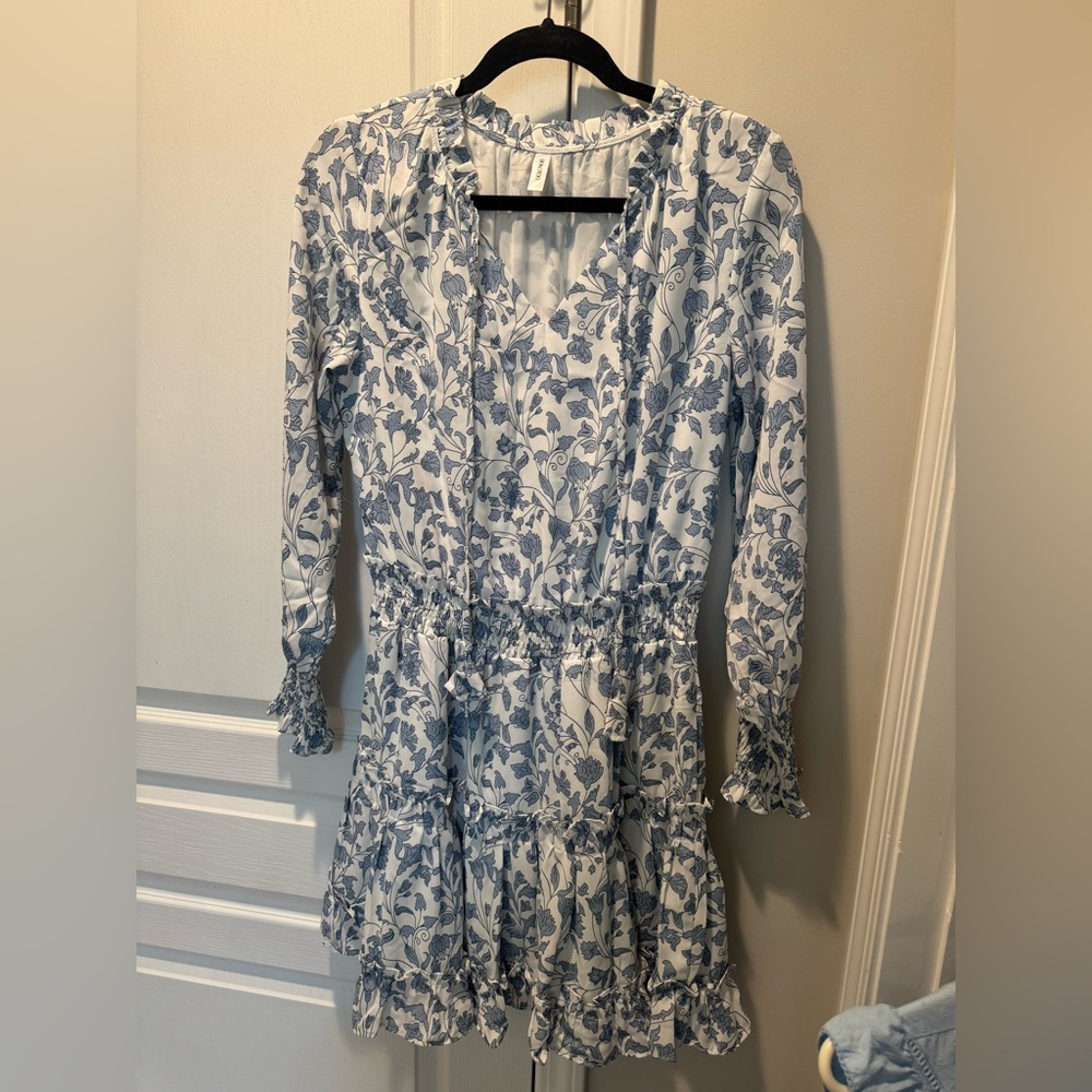 Amazon Blue and White Floral Long Sleeve Dress